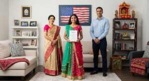 Confident young Indo-American Carnatic music student celebrating her cultural achievement and heritage.