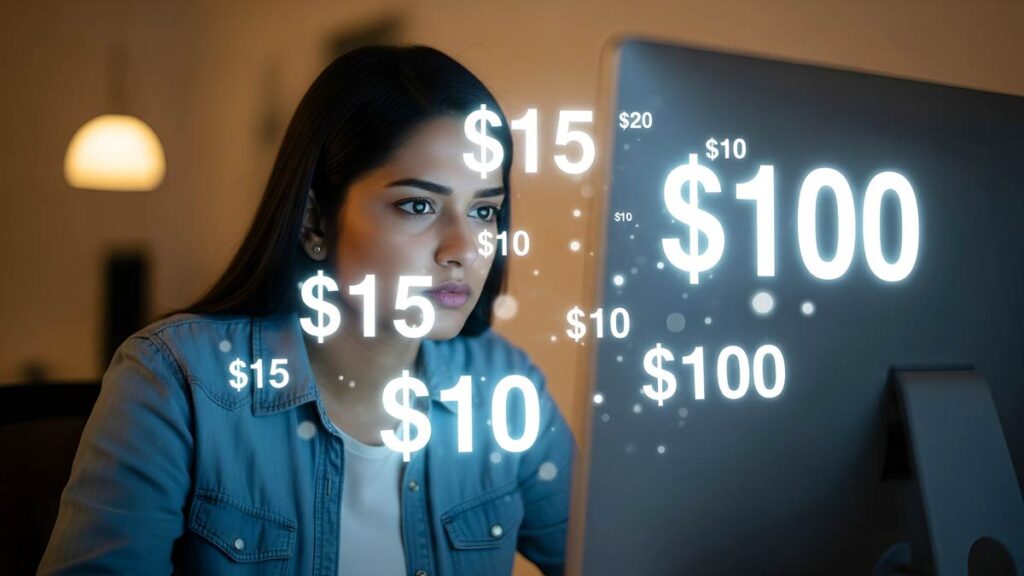 An Indo American woman looking at the Cost of online Carnatic music lessons investment decision framework guide.
