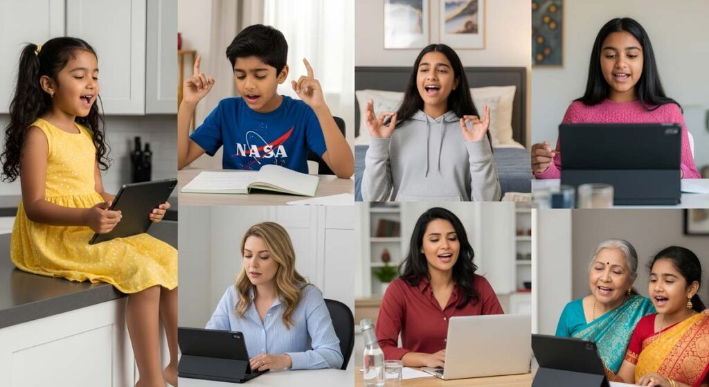 Diverse Indo-American students of all ages thriving in Swaramrit's online Carnatic music program.