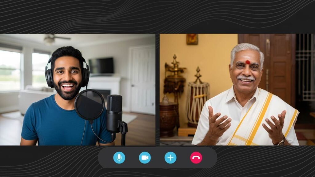 Young Indo-american man taking first online Carnatic music lesson, looking excited to begin. Learning Carnatic music as an adult - his first online lesson experience.