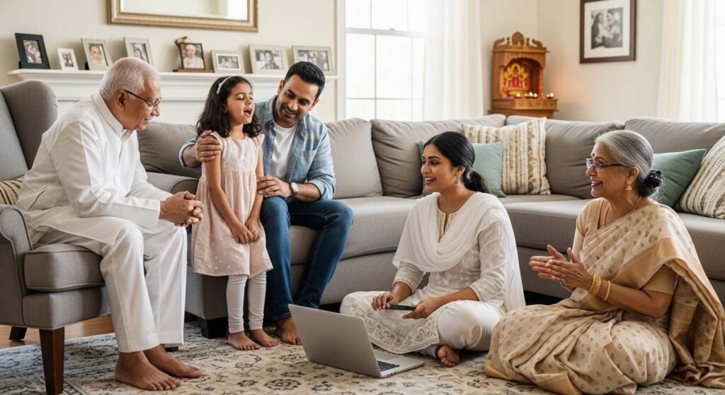 Multi-generational Indo-American family investing together in cultural music education.