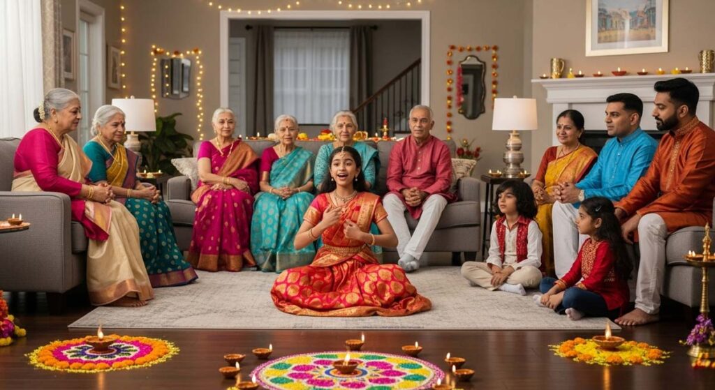 Young Indo-American student confidently singing Carnatic music at family Diwali celebration.
