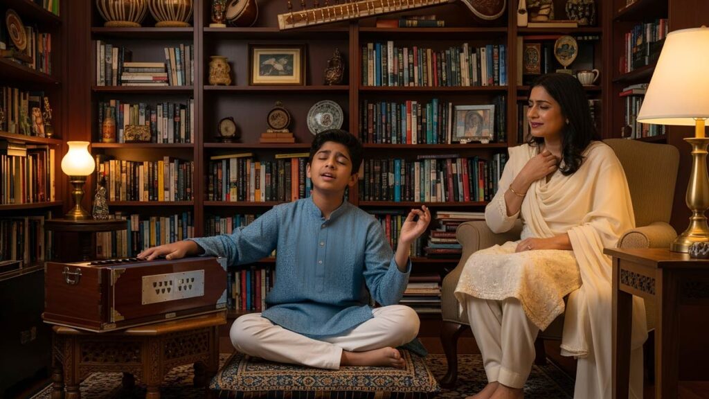 Indian-American boy expressing emotion through Hindustani music practice with family support.
