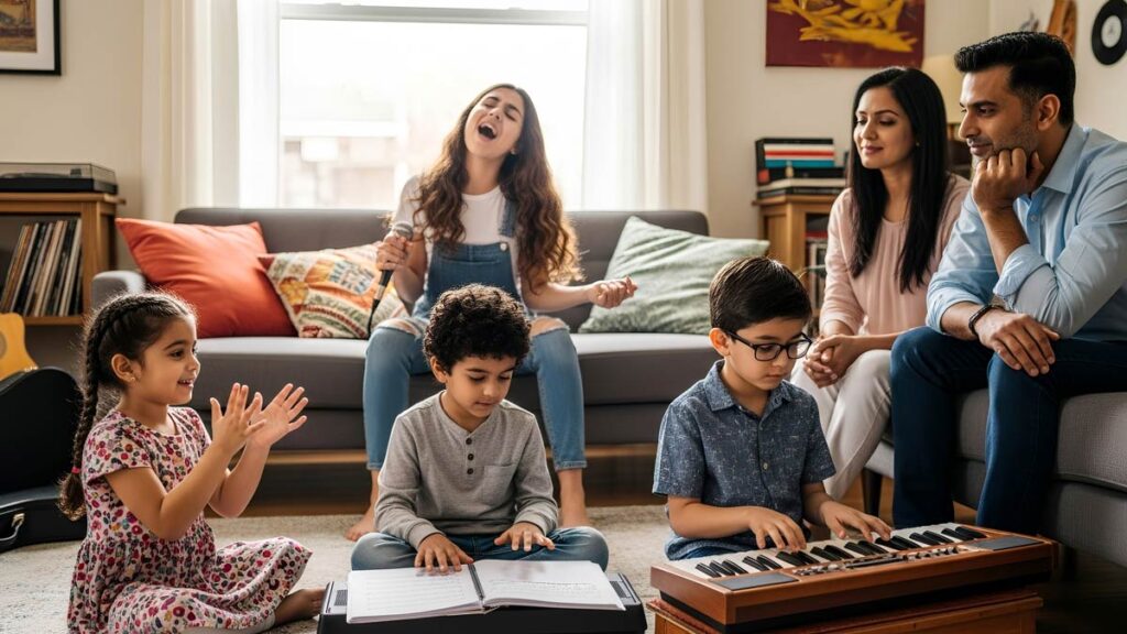 Indian-American children of different ages showing varied responses to musical learning.