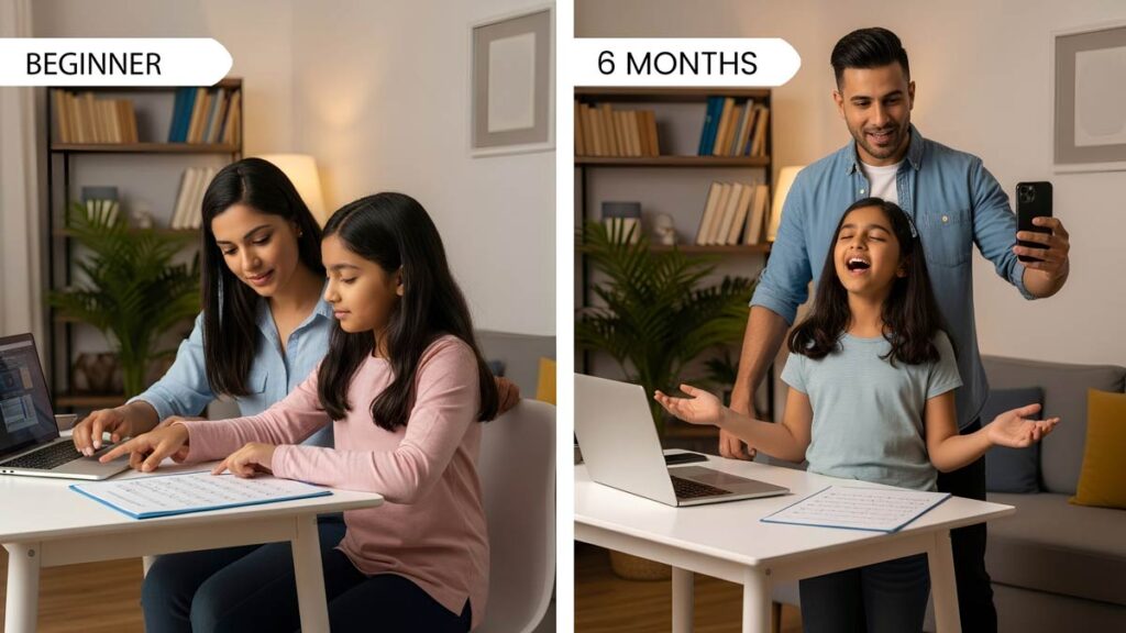 Indian-American child's progression in systematic Carnatic music learning approach.