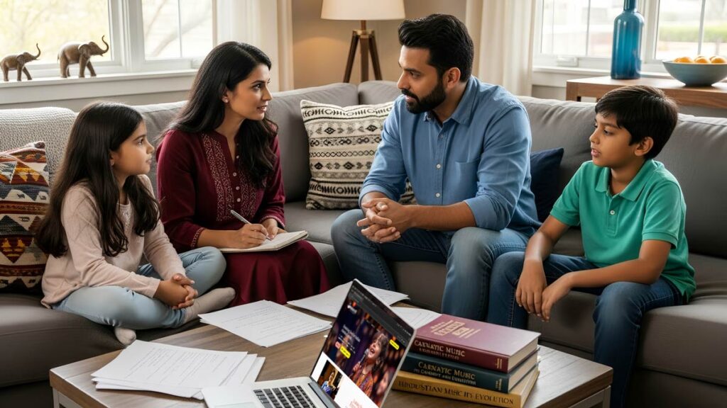 Indian-American family having thoughtful discussion about choosing between Carnatic and Hindustani music.