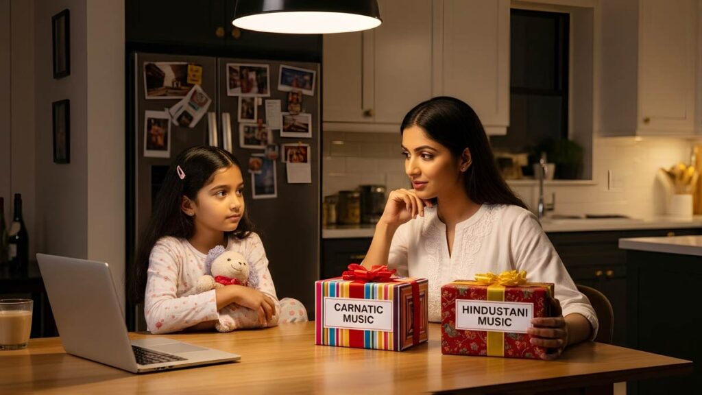 Indian-American mother researching Carnatic vs Hindustani music options for her daughter.