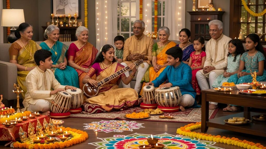 Multi-regional Indian-American family celebrating both Carnatic and Hindustani music traditions.