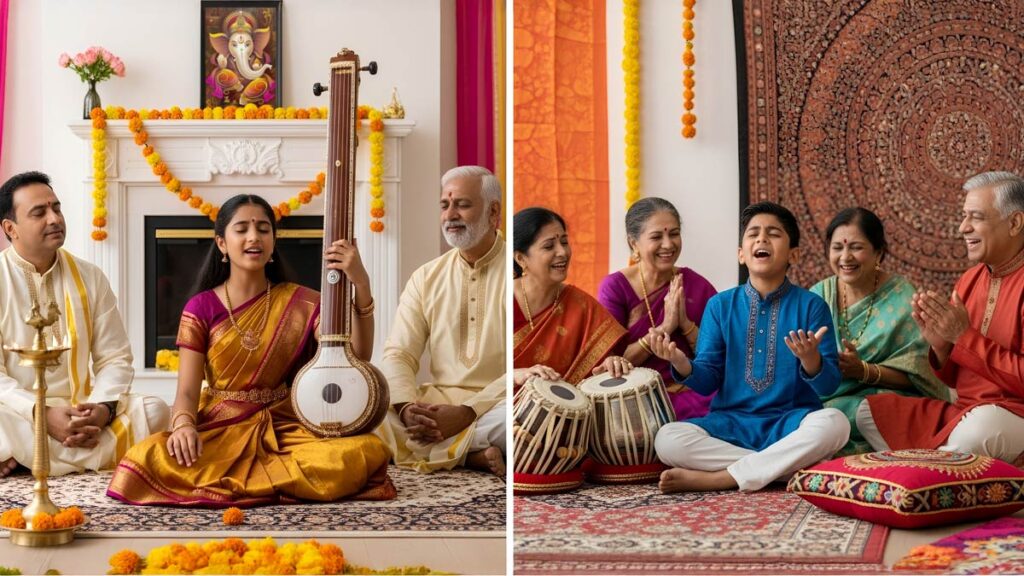 Two Indian-American families celebrating their children's success in different classical music traditions.