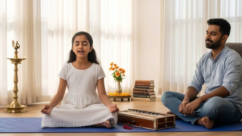 Young Indian-American student practicing Carnatic music in peaceful home environment.