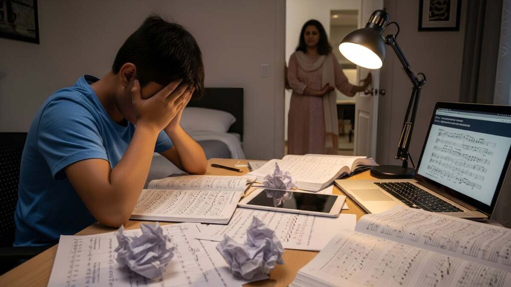 Frustrated teenager struggling with self-learning approach needs family support.