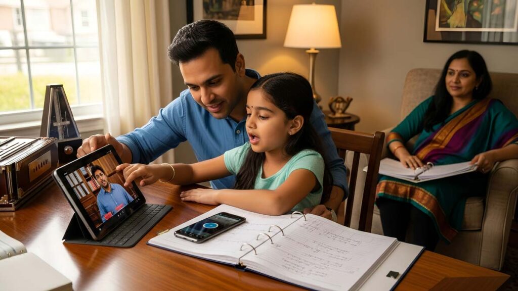 Indian-American family combining professional lessons with structured home practice.