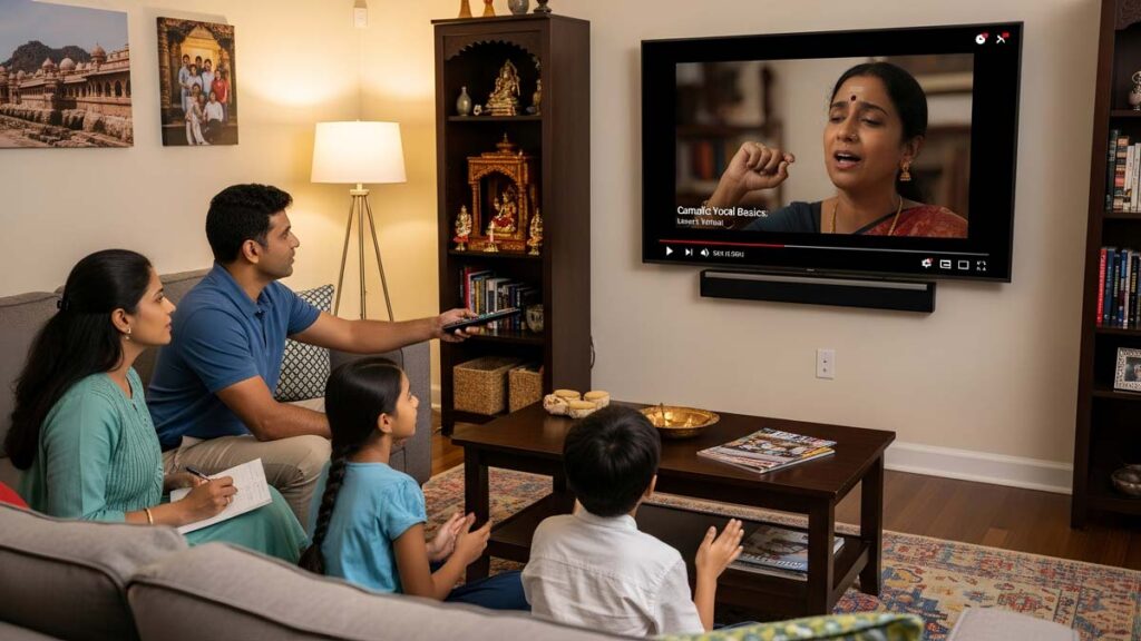 Indian-American family learning Carnatic music together through YouTube tutorials