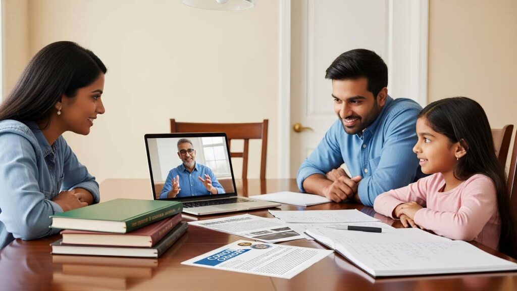 Indian-American family making informed decision about professional Carnatic music instruction.