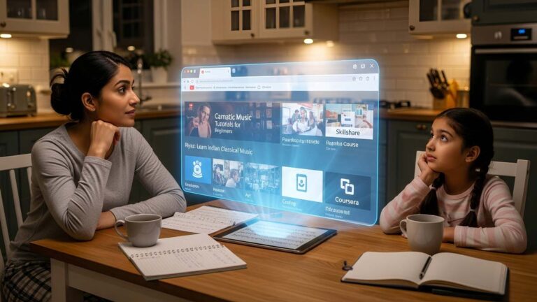 Indian-American mother researching self-learning options for Carnatic music with her daughter