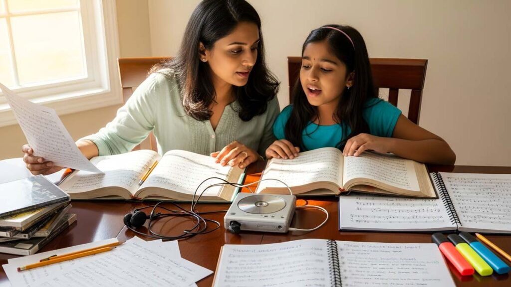 Mother and daughter studying Carnatic music using traditional books and audio materials