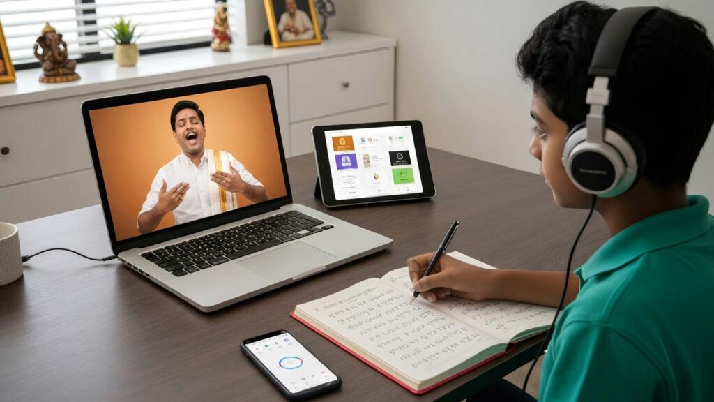 Teenager using multiple technology platforms to learn Carnatic music independently