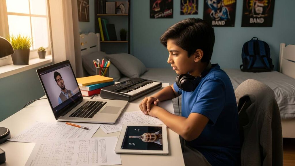 Young Indian-American student attempting to learn Carnatic music independently using online resources
