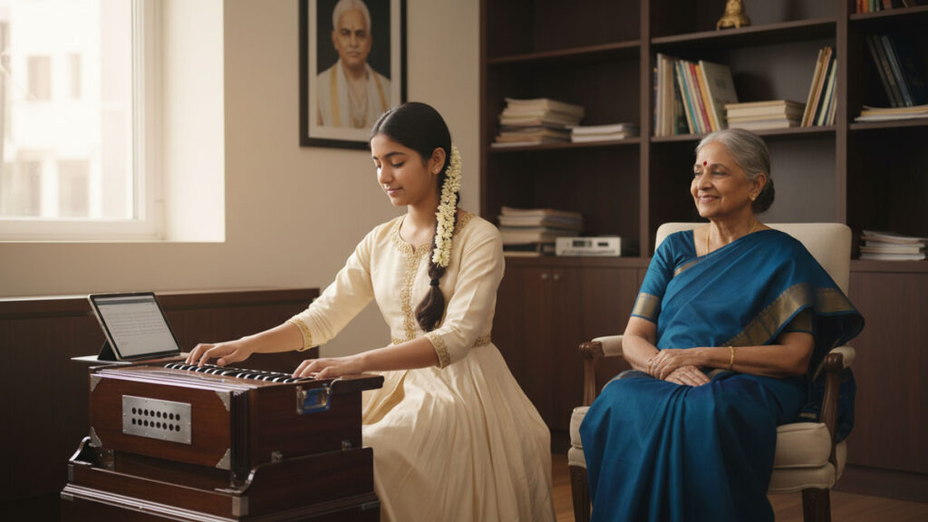 Advanced teenage Carnatic music student demonstrating mastery and cultural depth.