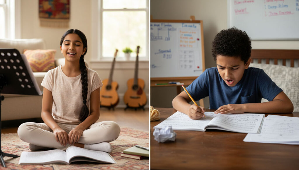 Two Indian-American children showing different natural abilities but equal dedication to Carnatic music learning.