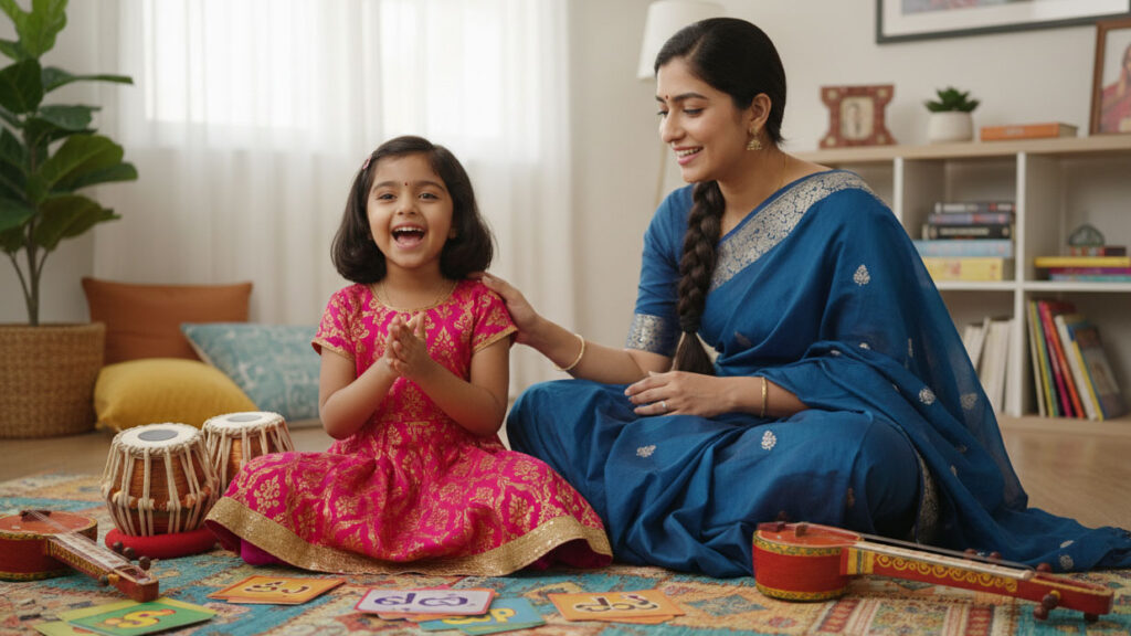 Young Indian-American child learning Carnatic music through playful, age-appropriate methods.