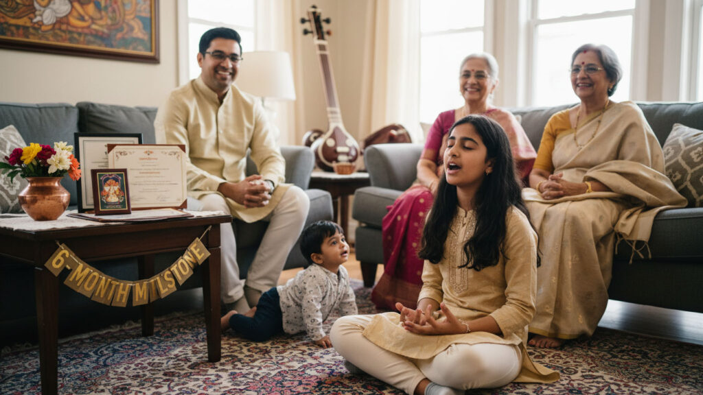 Indian-American family celebrating child's 6-month Carnatic music learning milestone.