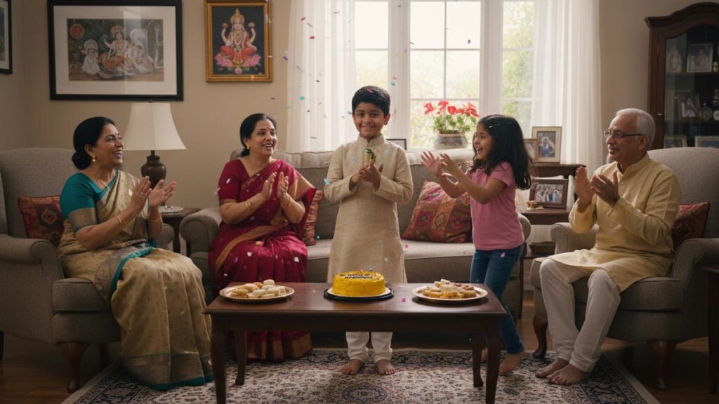 Indian-American family celebrating musical progress milestone with genuine appreciation and cultural pride.