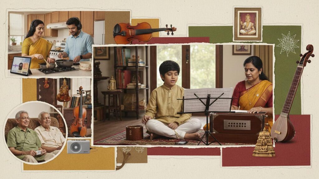 Indian-American family creating cultural immersion environment that accelerates Carnatic music learning.