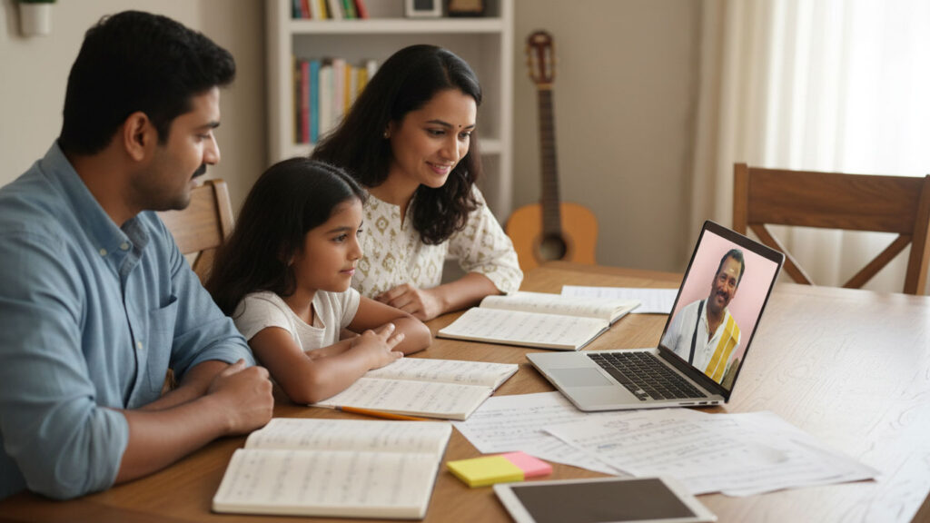 Indian-American family having supportive consultation about child's Carnatic music learning progress.