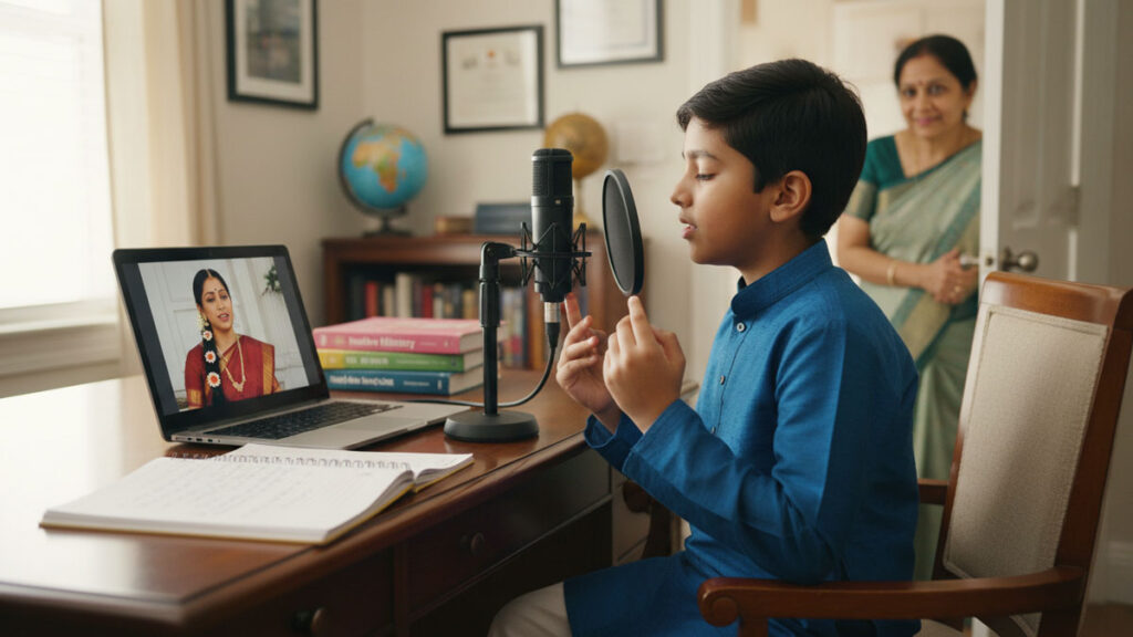 School-age Indian-American student showing focused, independent Carnatic music learning.