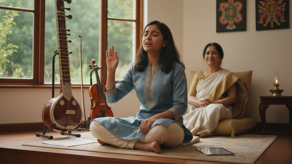 Teenage Indian-American student demonstrating advanced Carnatic music mastery and artistic development.