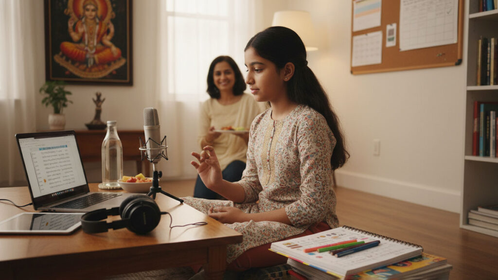 Well-organized Indian-American student demonstrating optimized practice habits that accelerate learning progress.