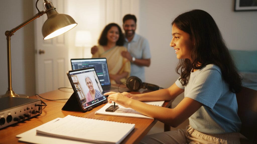 Determined teenage Indian-American student beginning Carnatic music lessons, showing that it's never too late to start
