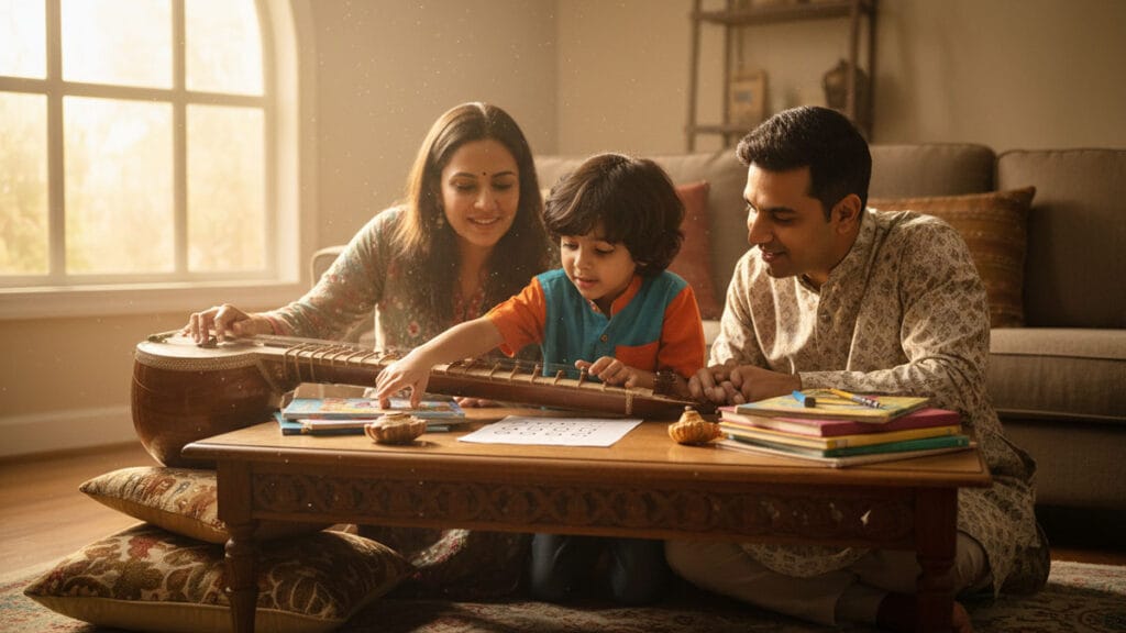 Indian-American family thoughtfully assessing their child's individual readiness for Carnatic music learning.
