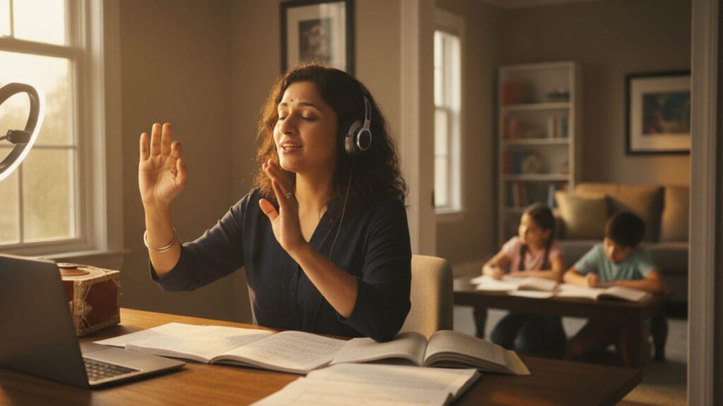 Indian-American mother practicing Carnatic music, inspiring her family through her own cultural learning journey.