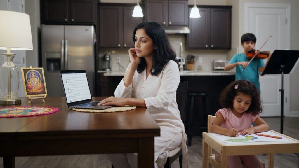 Indian-American mother researching the best age to start learning Carnatic music while observing her children's musical development