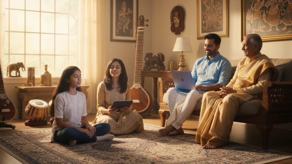 Multi-generational Indian-American family creating supportive environment for Carnatic music learning.
