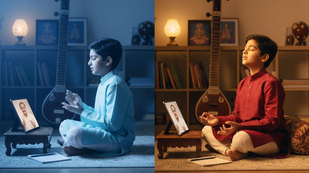 School-age Indian-American student showing impressive progress and development in Carnatic music over 8 months of learning