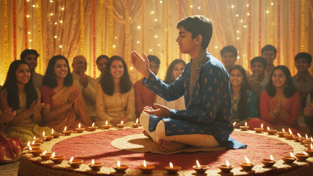 Successful teenage Indian-American Carnatic musician performing confidently after starting lessons at age 14