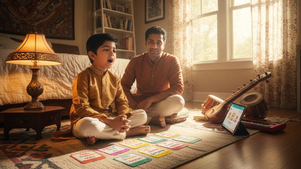 Alt Text: Successful young Indian-American student showing confidence and joy in age-appropriate Carnatic music learning