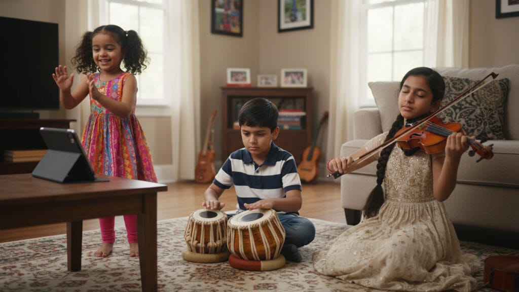 Three Indian-American children of different ages showing natural musical engagement appropriate to their developmental stages