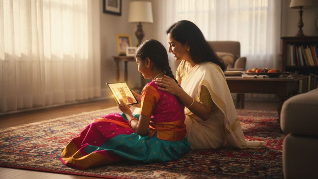 Young Indian-American child starting Carnatic music with age-appropriate, playful instruction and family support